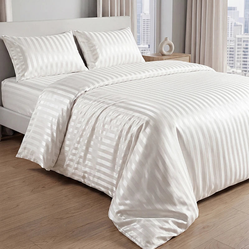 White satin striped jacquard duvet cover set displayed on a bed with sheer curtains.