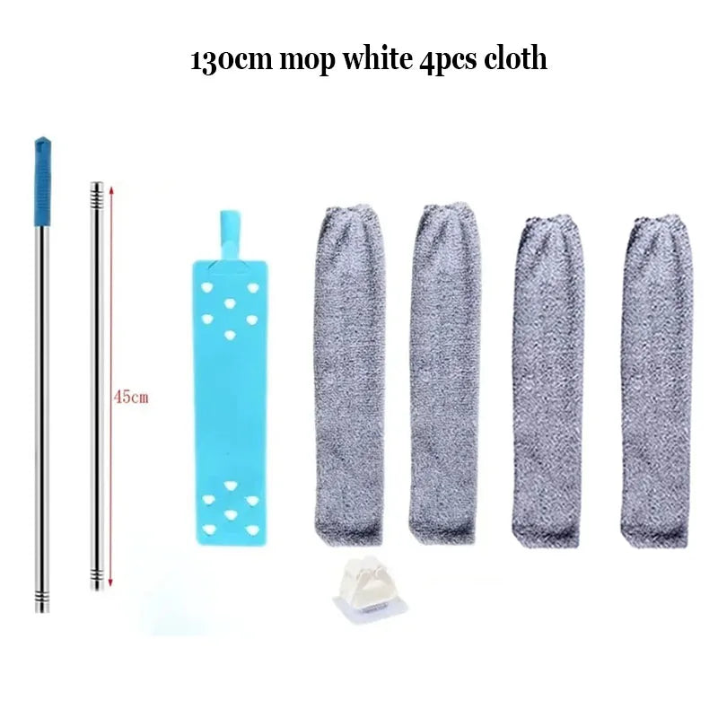 Four 130cm mop white cloths and a telescopic duster brush are displayed.