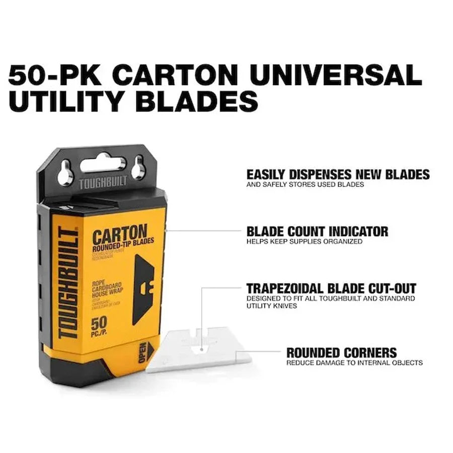 A yellow and black carton dispenser case holding 50 universal utility blades for ToughBuilt knives.