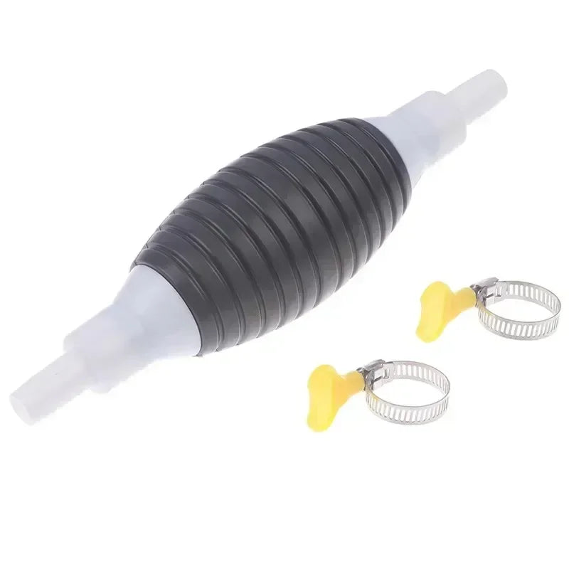 A black manual siphon pump with a clear plastic tip and yellow silicone rings for transfer.