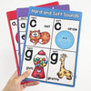 A set of phonics learning cards showing hard and soft sounds like cat, circle, gum, and giraffe.