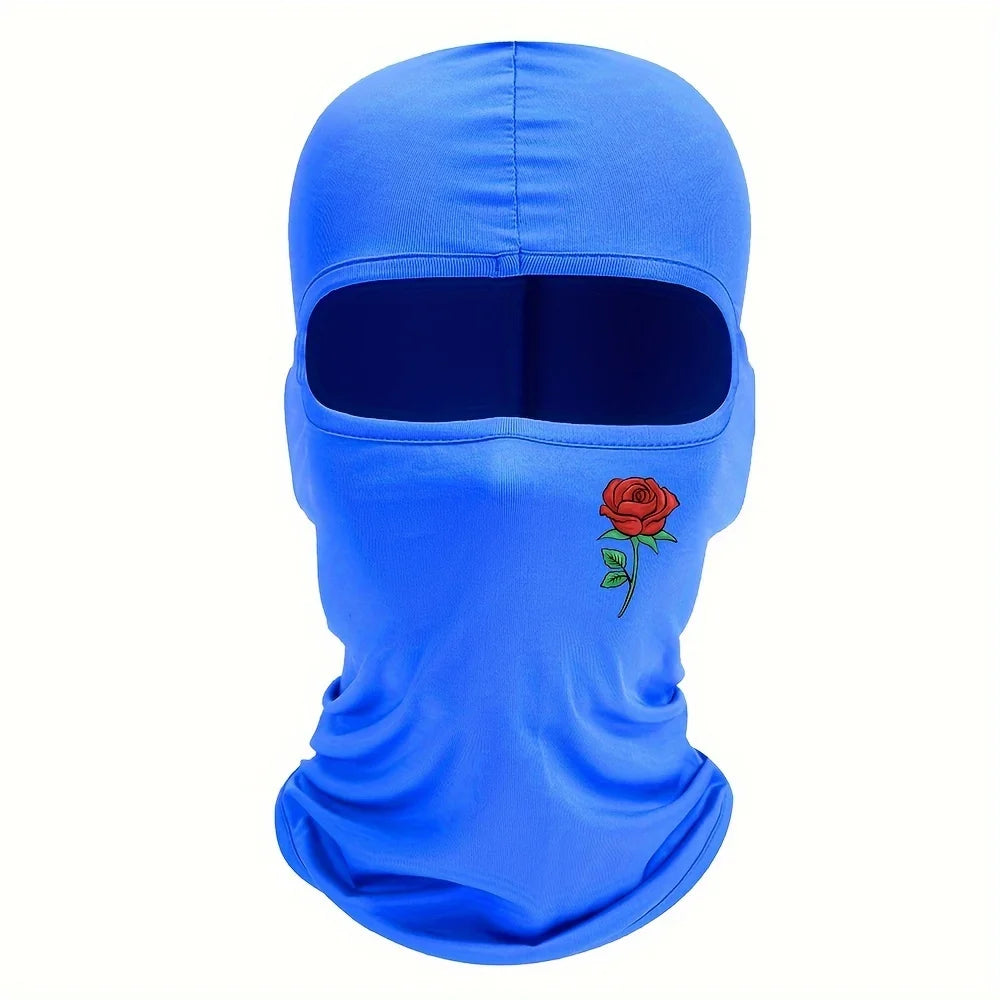 Bright blue floral balaclava face mask with a cutout for the face