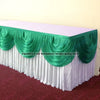 Elegant ice silk table skirt with matching top swag in green and white.