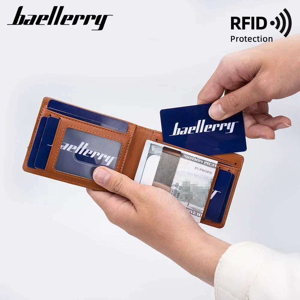 A hand is holding a brown wallet with a blue RFID-blocking card and a black plastic card, demonstrating protection.