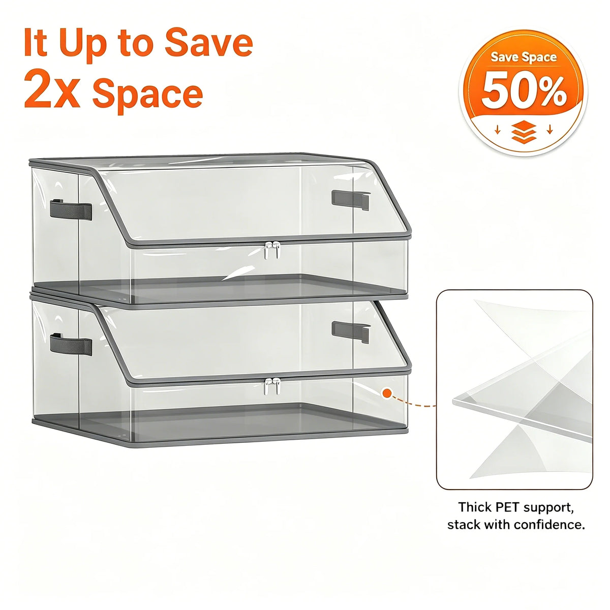 Stackable clear hat organizer with two tiers, made of PET support.