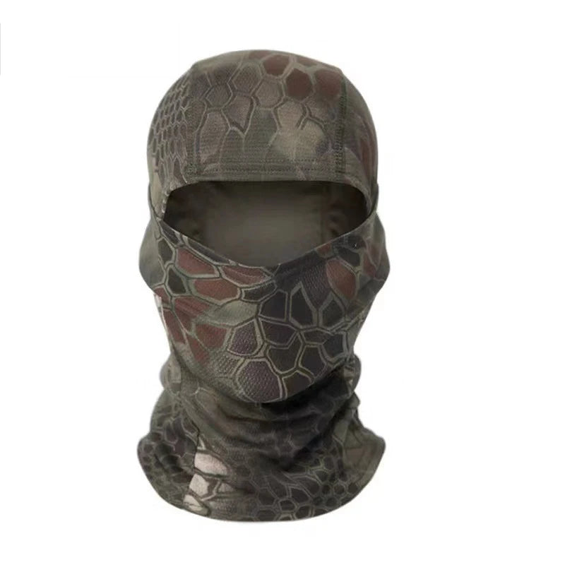 A dark gray and brown patterned stretchy breathable balaclava cap for outdoor sports