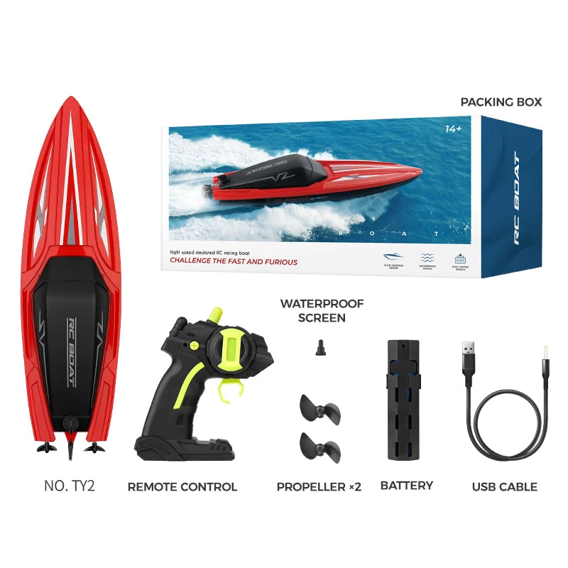 A red RC boat kit includes a waterproof screen, remote control, propellers, battery, and USB cable.