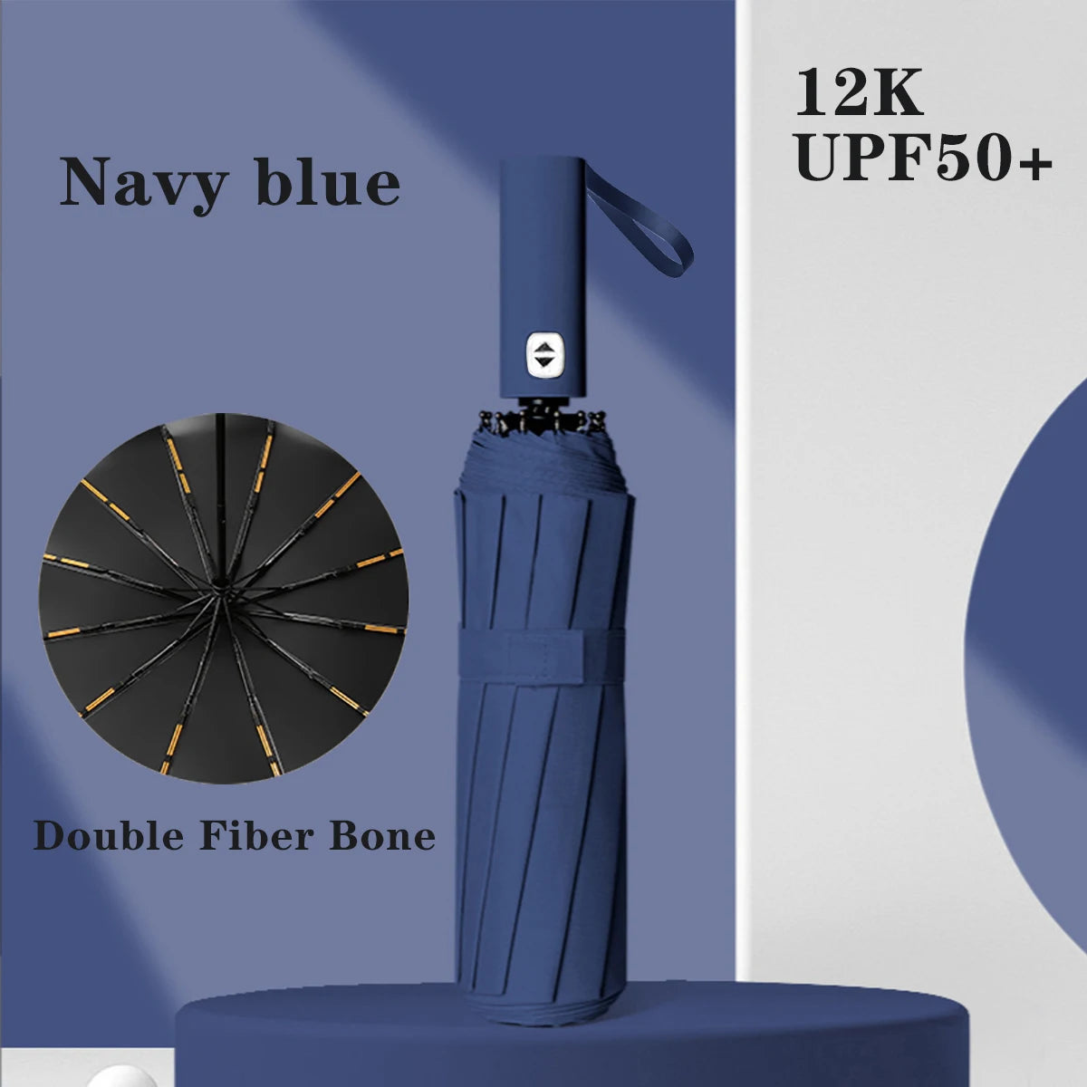 A navy blue automatic compact folding umbrella with a double fiber bone and 12K UPF50+ protection.