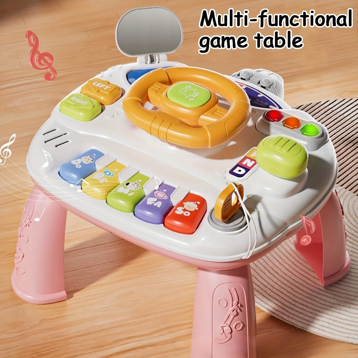 A multi-functional game table featuring a steering wheel, various colorful buttons, and musical elements for baby interaction