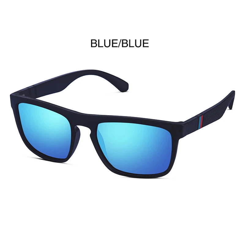 Gafas de sol cuadradas vintage negras con lentes azules y detalle rojo.