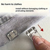 A hand is installing an invisible hem shortening clip onto a piece of fabric, demonstrating its ability to be installed witho