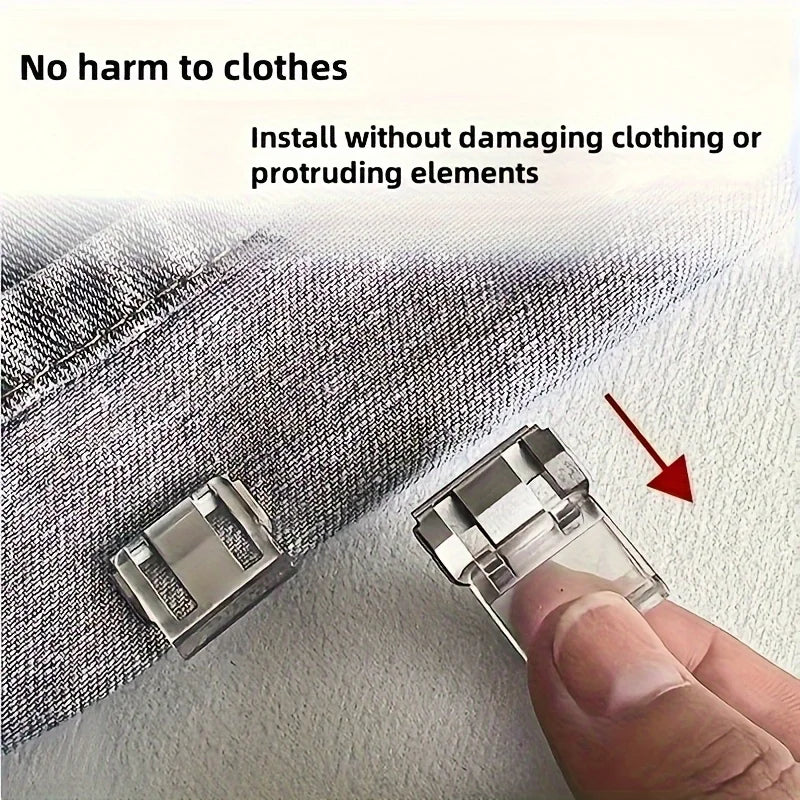 A hand is installing an invisible hem shortening clip onto a piece of fabric, demonstrating its ability to be installed witho