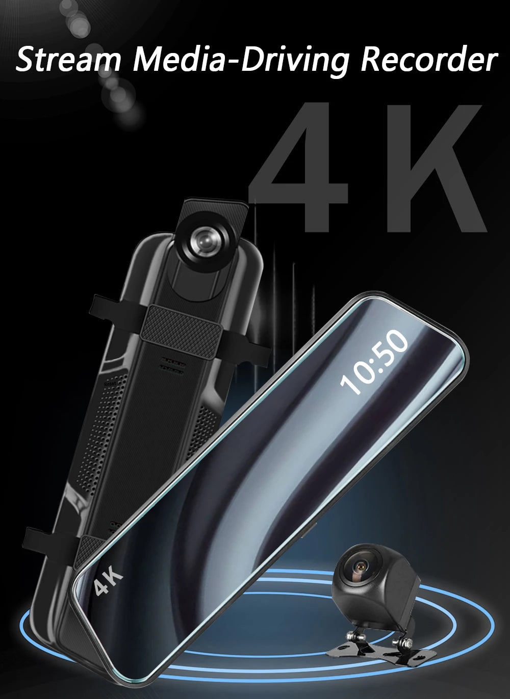 A 4K stream media-driving recorder device is shown with a display reading 10:50 and blue light rings on the ground.