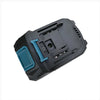 A black rechargeable lithium-ion battery pack for cordless power tools with a blue accent piece.