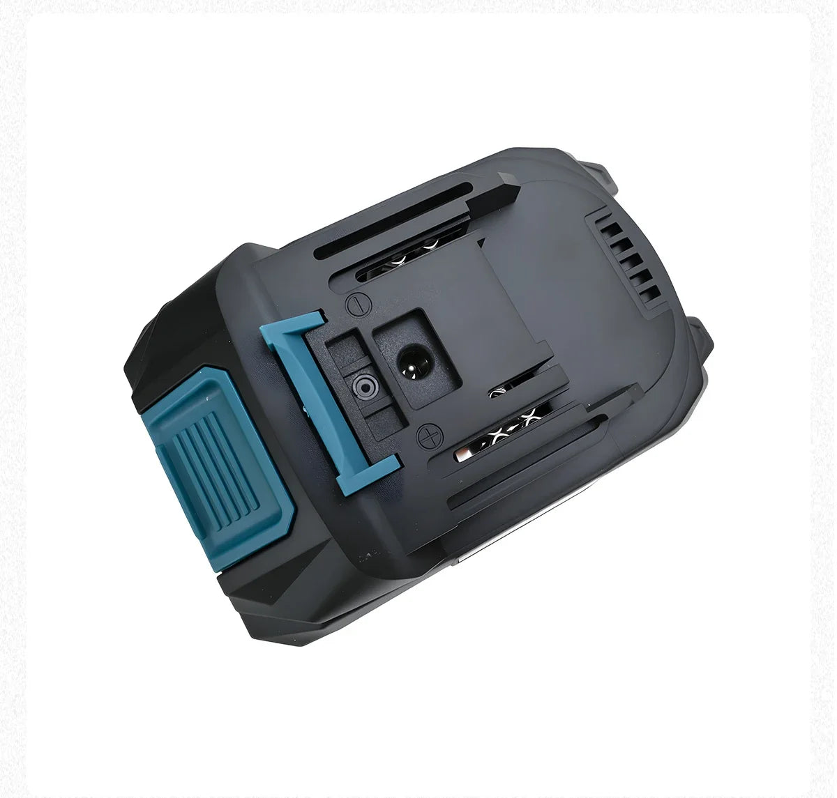 A black rechargeable lithium-ion battery pack for cordless power tools with a blue accent piece.