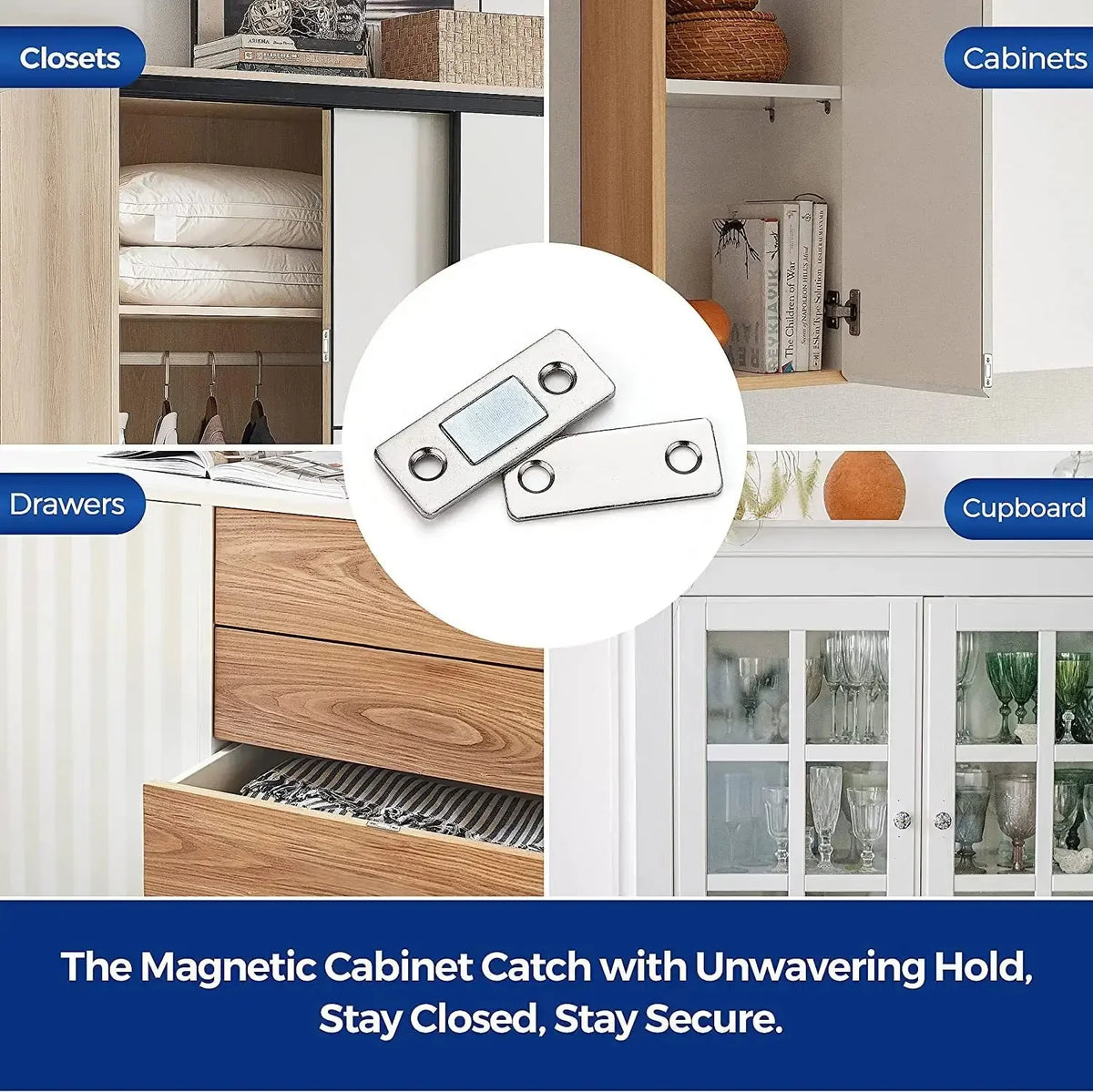 Two silver magnetic cabinet catches for a no-drill adhesive door closer