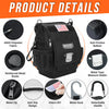 Black heavy-duty tool bag with various features including reinforced fabric, metal rivets, zip, and hook.