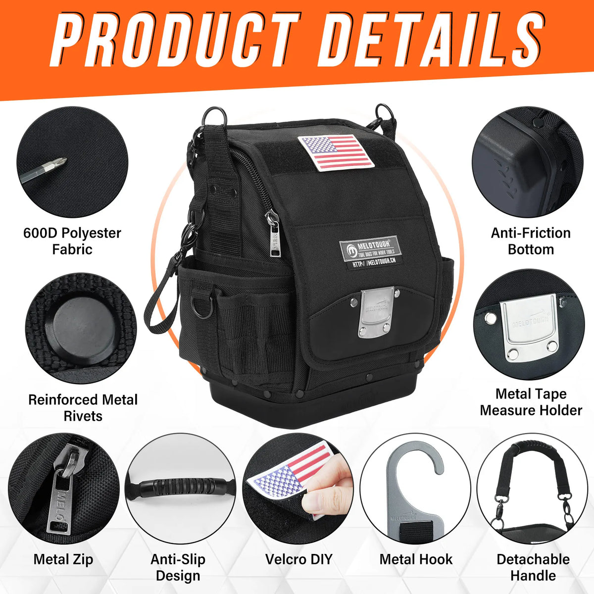 Black heavy-duty tool bag with various features including reinforced fabric, metal rivets, zip, and hook.
