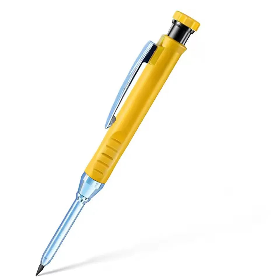 A yellow precision mechanical pencil with a blue tip and black cap, shown diagonally.