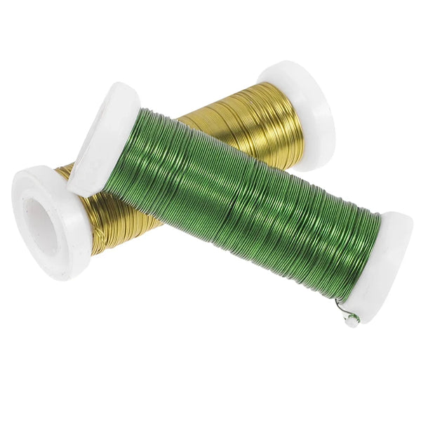 Spool of green florist flower wire stems with gold-colored tape and white plastic end caps