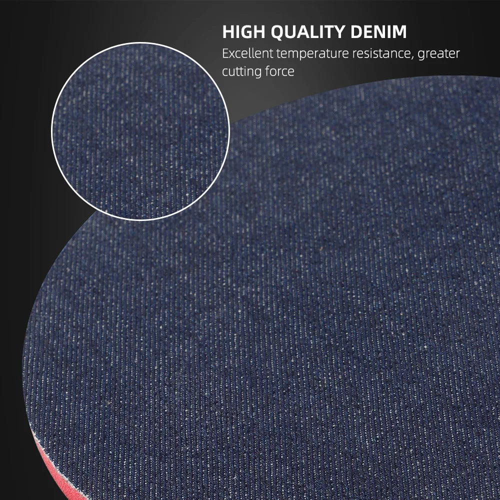Close-up view of dark blue denim fabric texture with text highlighting high quality denim features.