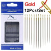 A set of 12 gold-colored stainless steel self-threading sewing needles packaged in a blue box.