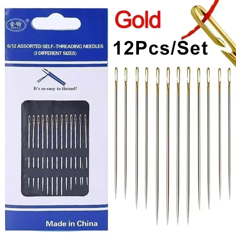 A set of 12 gold-colored stainless steel self-threading sewing needles packaged in a blue box.