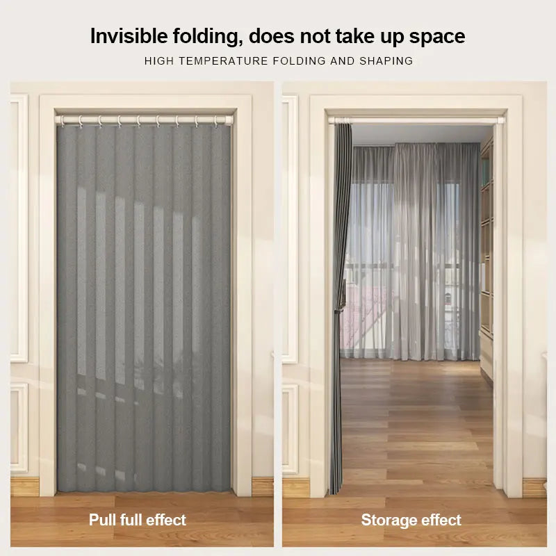 Invisible folding door curtain in gray showing pull full effect and storage effect