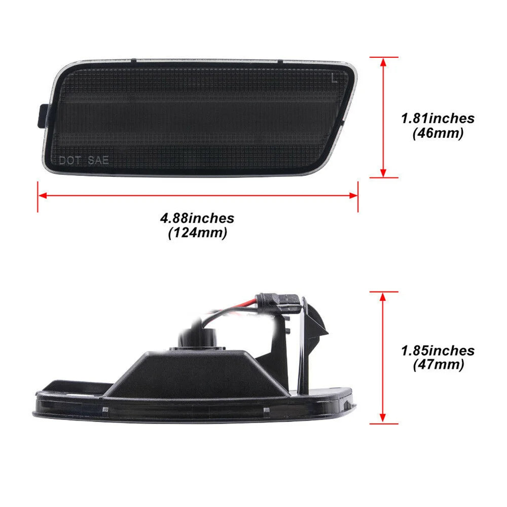 Black LED front side marker lights for Volkswagen MK6 GTI, showing dimensions.