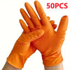 A hand wearing bright orange heavy-duty nitrile disposable gloves with a diamond texture