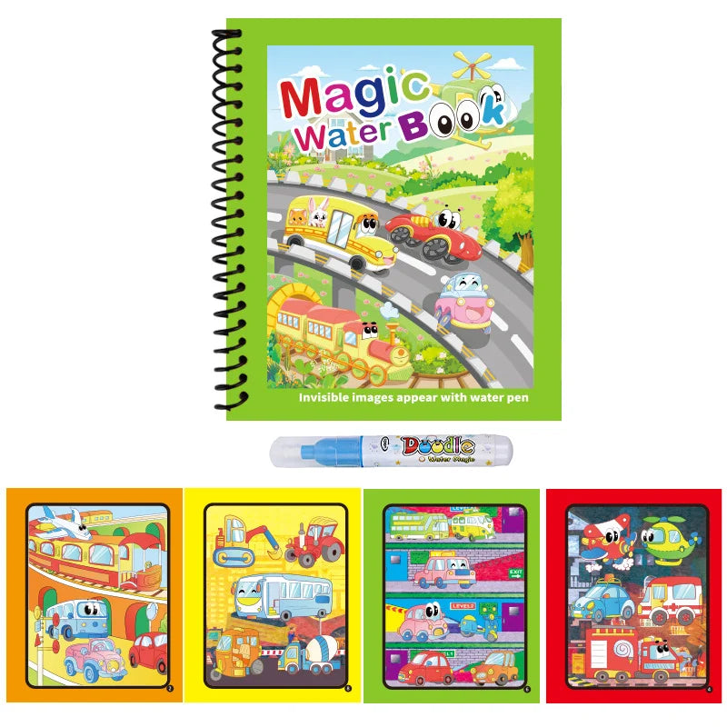 A colorful drawing book titled Magic Water Book featuring various scenes and characters for children.