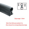 Black U-shaped EPDM rubber edge trim with a mounting bracket and grip range specifications