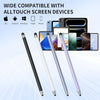 A set of four precision dual-tip capacitive styluses shown next to various electronic devices.