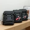 A black shark-inspired PU leather backpack displayed on a wooden surface.