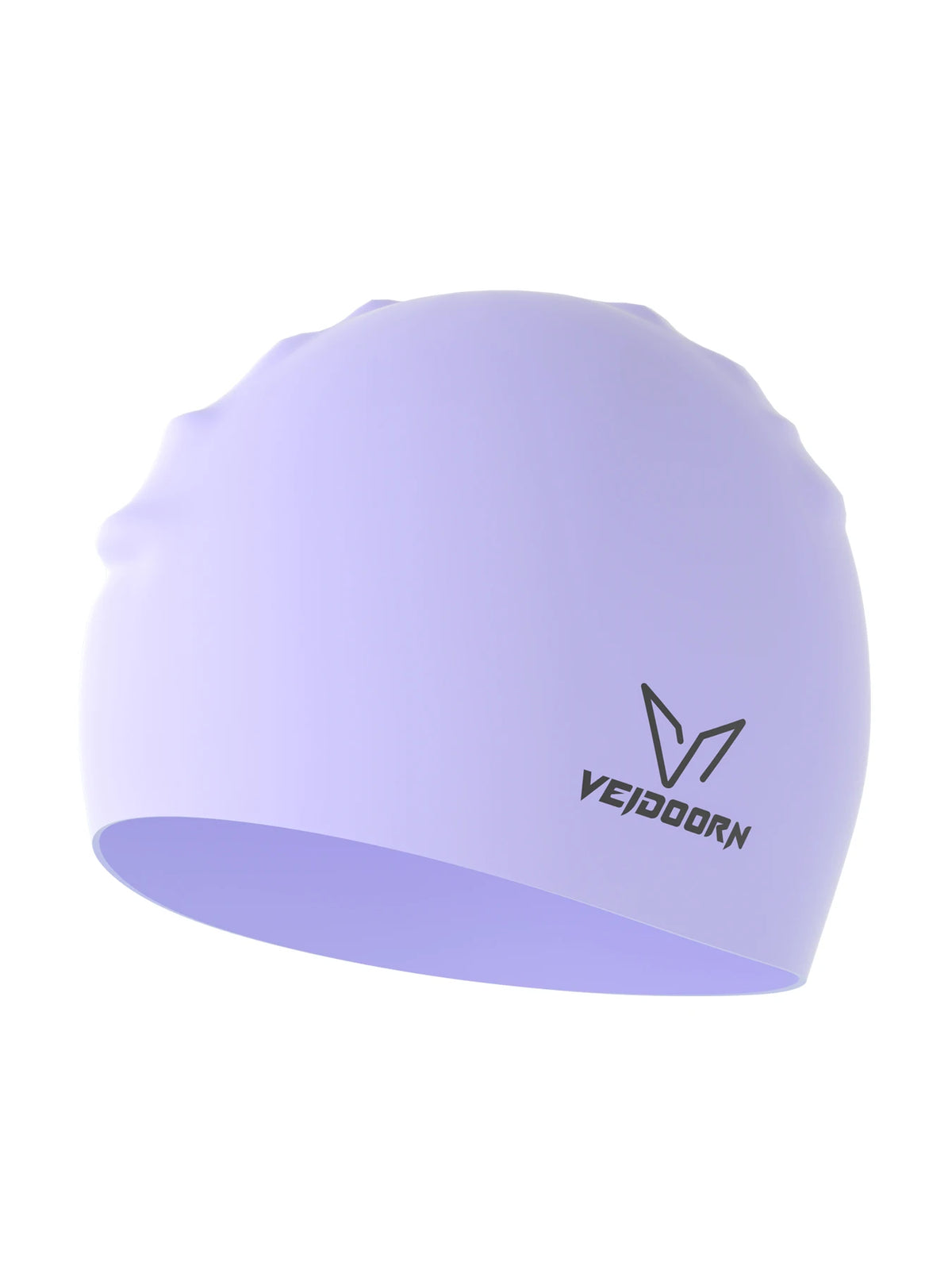 A light purple silicone swim cap with a stylized letter design.