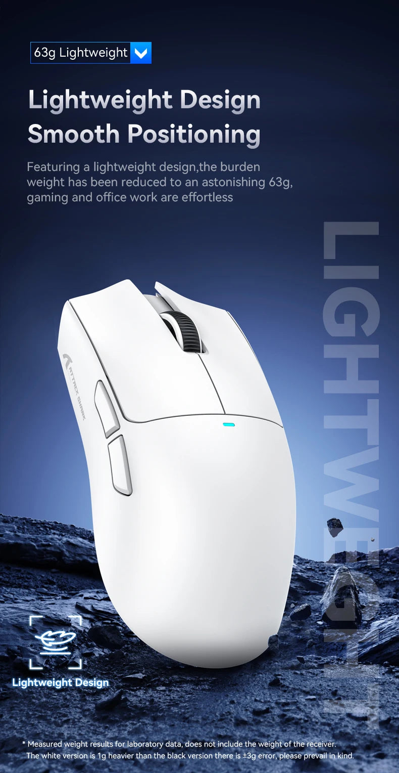 A white lightweight gaming mouse is shown against a dark, rugged background.