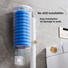 A clear disposable toilet brush is shown with a wall-mounted holder, demonstrating no-drill installation.