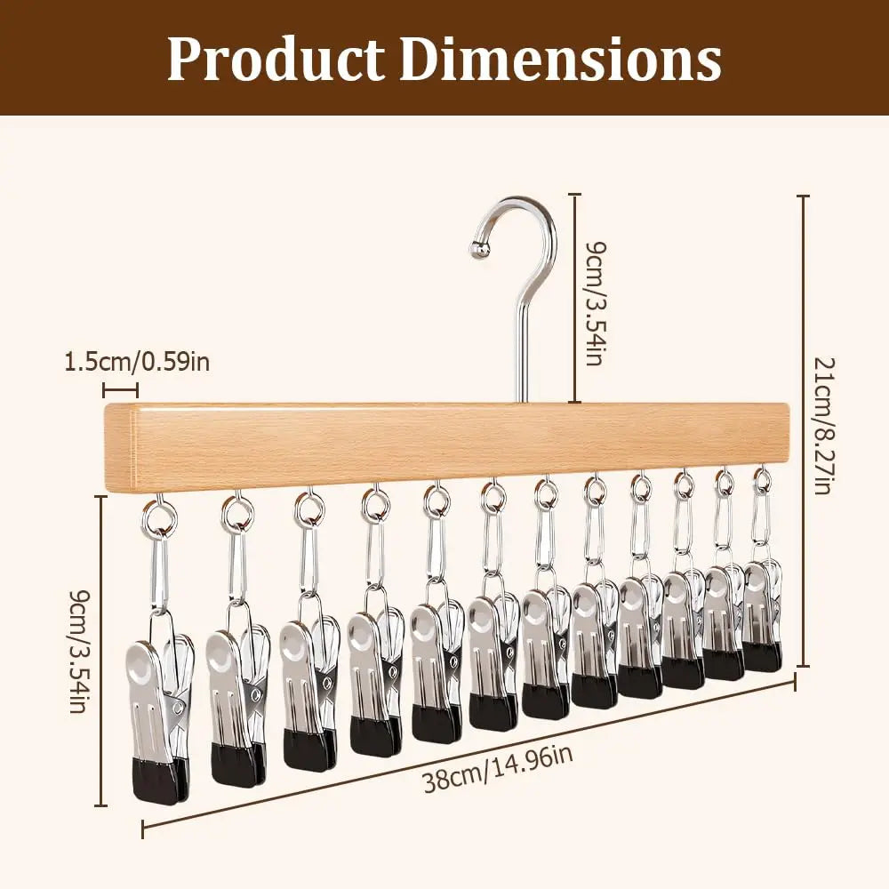 Wooden Multi-Clip Garment Hanger for Closet Organization