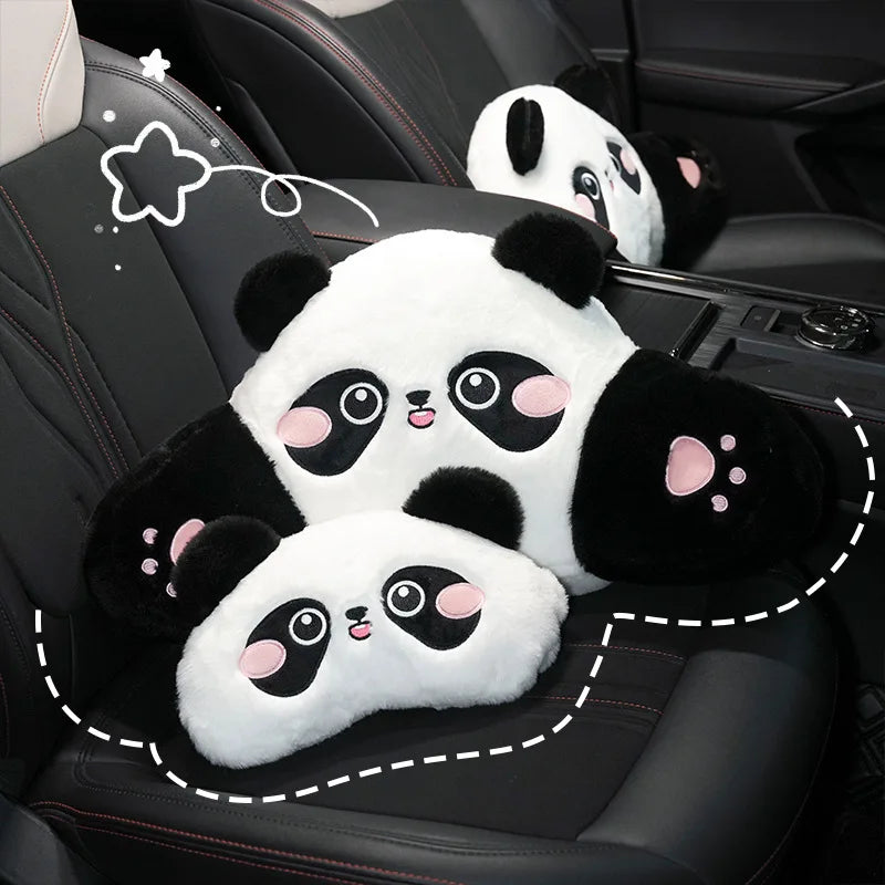 A set of black and white panda plush cushions designed as car headrest and lumbar support for a seat.