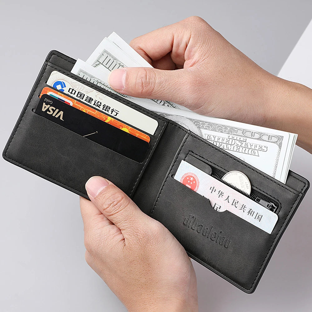 A hand is opening a black PU leather wallet showing various credit cards and a coin pocket.