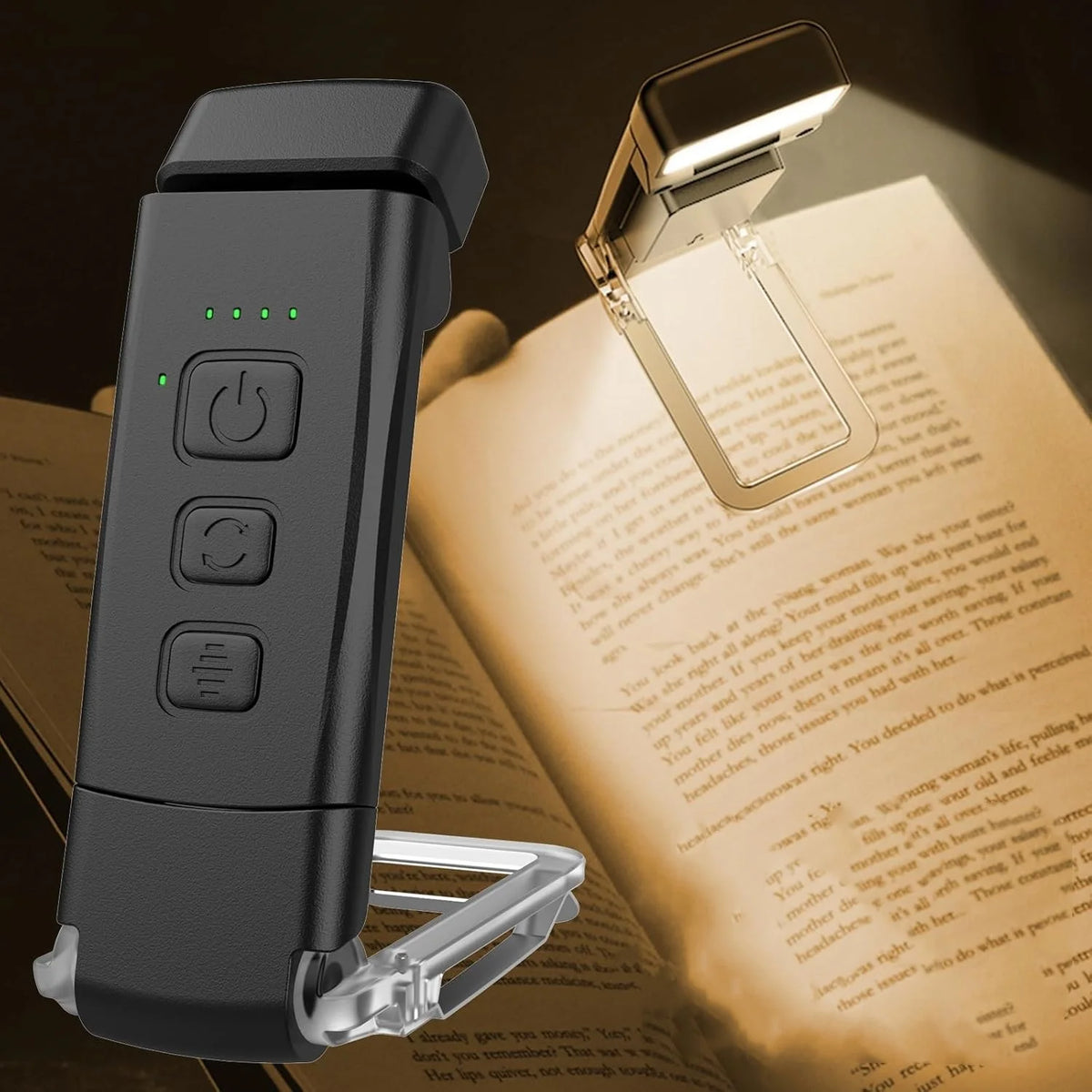 A black rechargeable clip-on LED book light with a flexible neck resting on an open book.