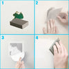 Four steps demonstrating the use of a heavy-duty self-adhesive drywall repair patch kit for fixing damage.