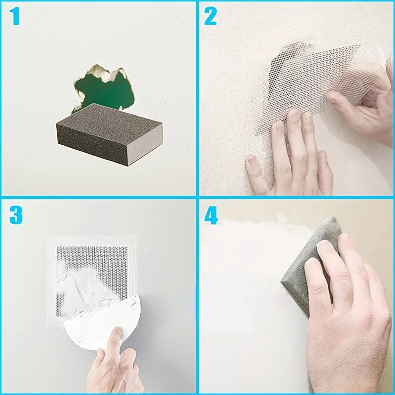 Four steps demonstrating the use of a heavy-duty self-adhesive drywall repair patch kit for fixing damage.
