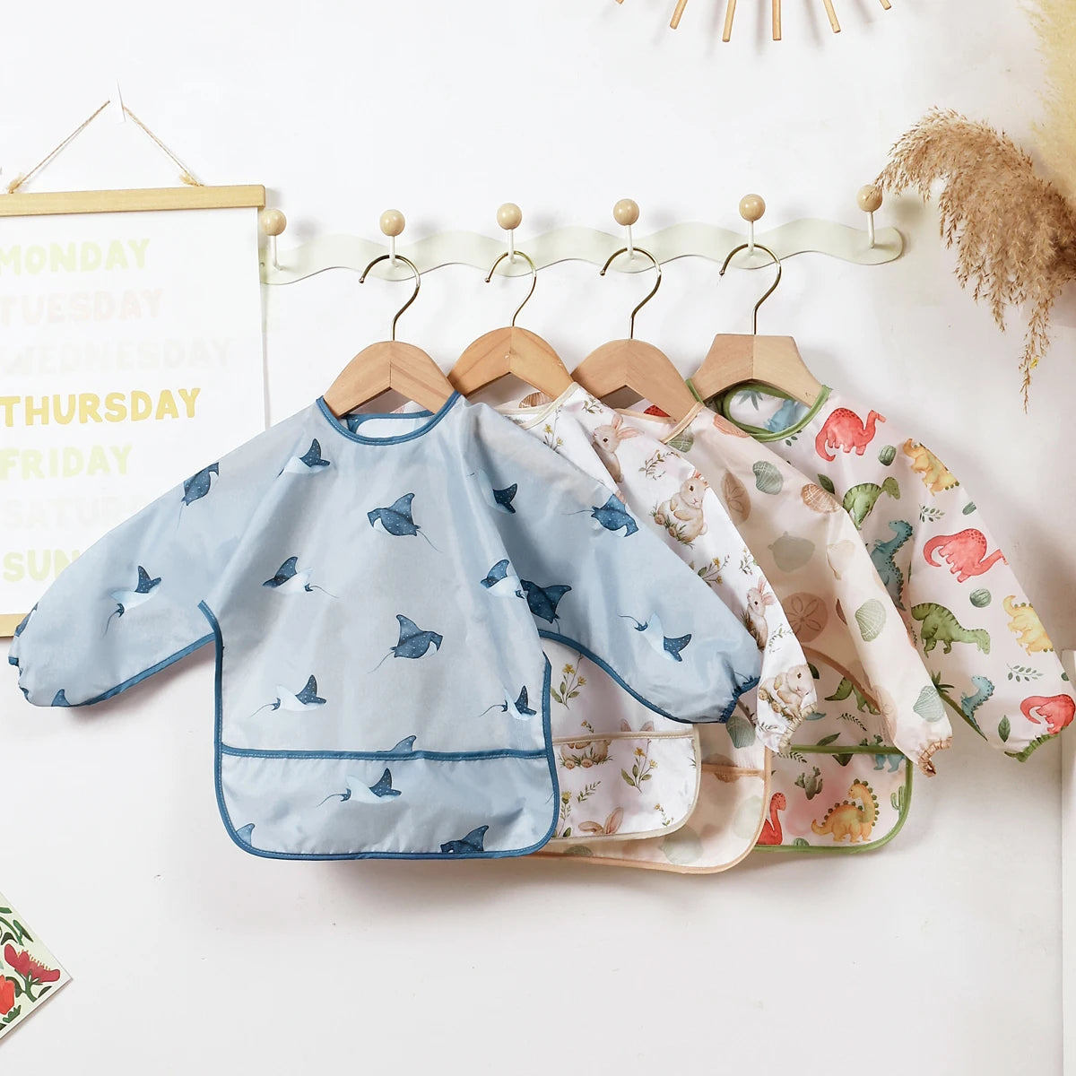 Waterproof Long-Sleeve Baby Bibs with Catch-All Pockets