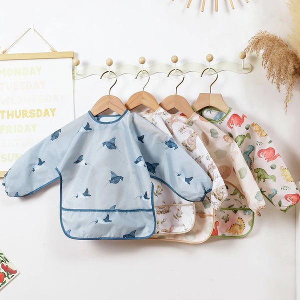 Waterproof Long-Sleeve Baby Bibs with Catch-All Pockets