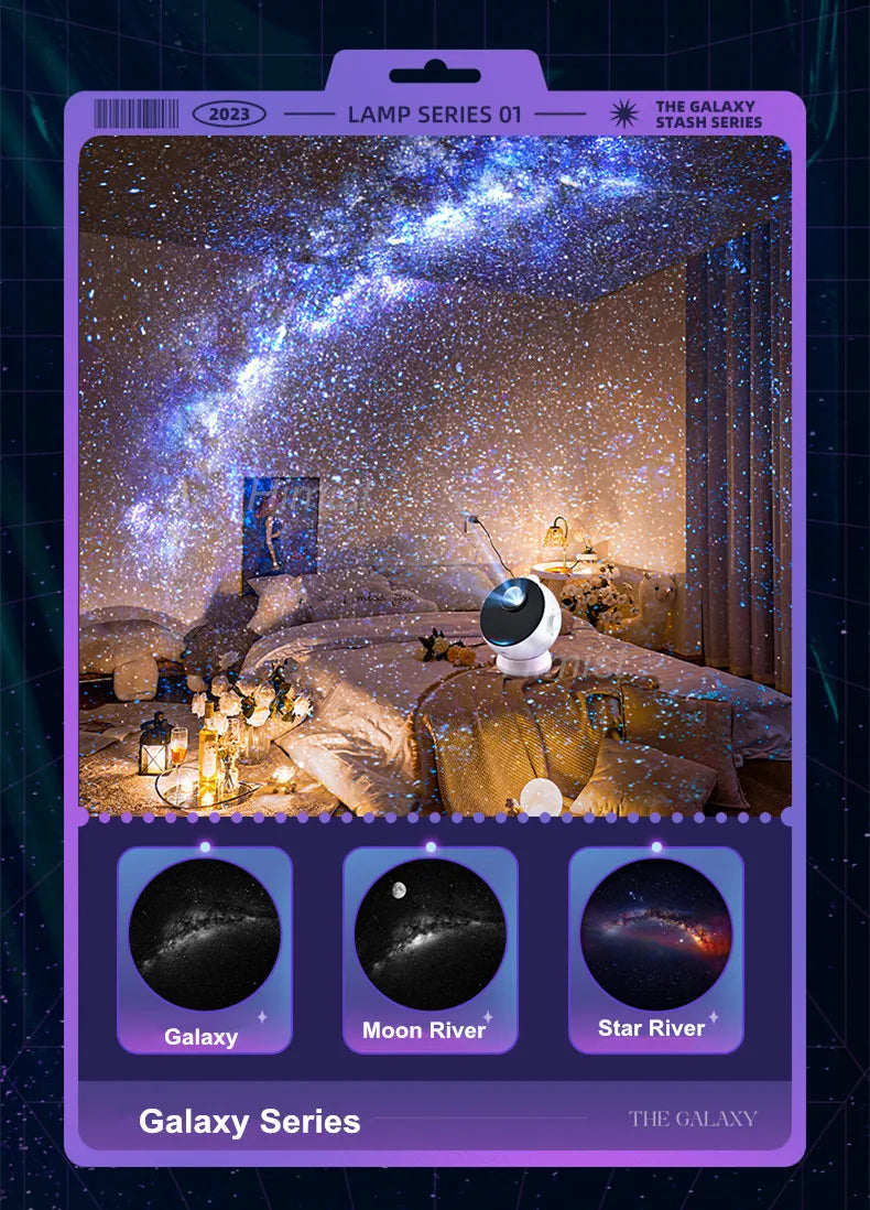 A product image showing a lamp series display featuring a starry night scene and three different galaxy patterns: Galaxy, Moo