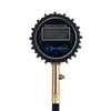 A black digital tire pressure gauge with a quick-connect air chuck attached to a brass fitting.