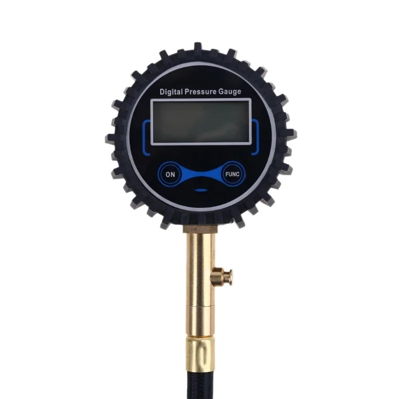 A black digital tire pressure gauge with a quick-connect air chuck attached to a brass fitting.