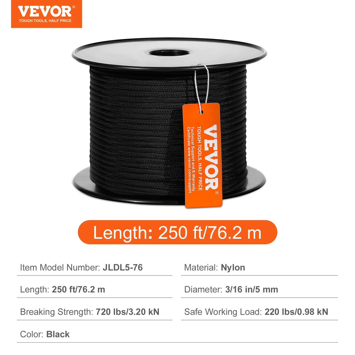 Black nylon braided rope on a spool with specifications for length, diameter, and breaking strength