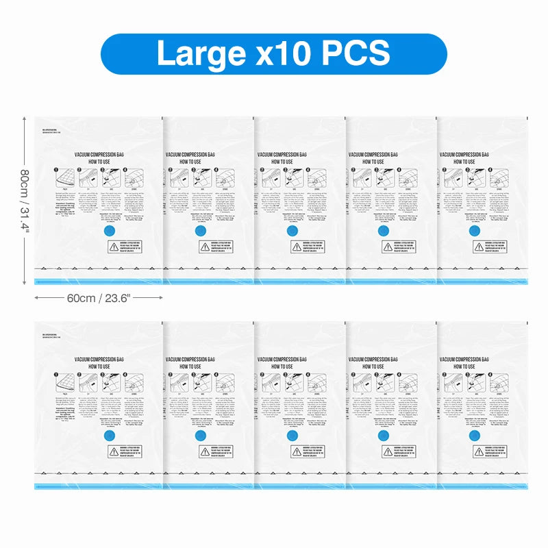 Ten large vacuum compression bags for vacuum storage, featuring an electric pump and Type-C charging.